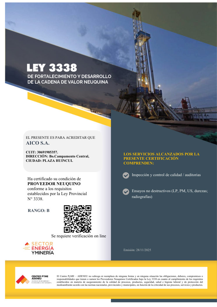 Certificado de Proveedor Neuquino Ley 3338 emitido por Centro PyME ADENEU