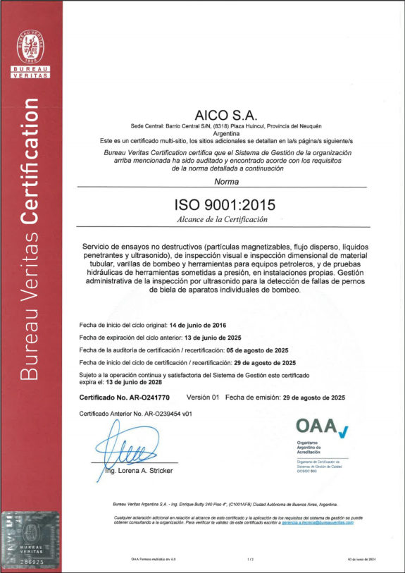 Certificado ISO 9001:2015 de AICO S.A. emitido por Bureau Veritas